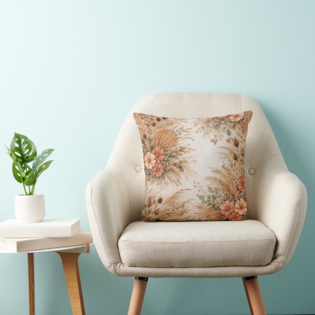 Terracotta Peach Boho Pampas Floral Kussen (Stoel)