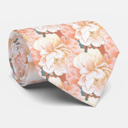 Terracotta Peony Floral Pattern Wedding Stropdas (Opgerold)