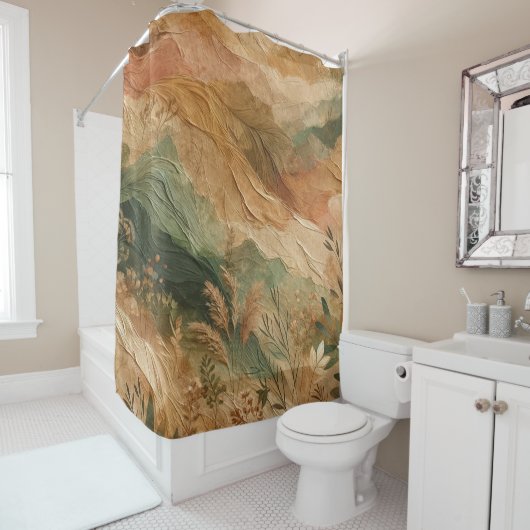 Terracotta perzik geperste bloemen Bohemian Douchegordijn (In situ)