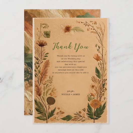 Terracotta perzik geperste bloemen Boho dank u Kaart (Voorkant / Achterkant)