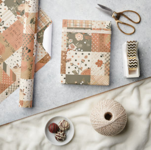Terracotta Perzik Quilt Aards Gingham Cottagecore  Cadeaupapier