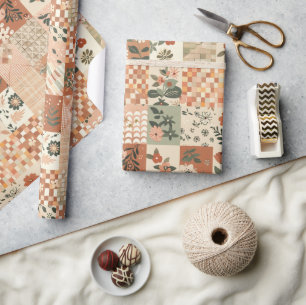 Terracotta Perzik Quilt Aards Gingham Cottagecore  Cadeaupapier