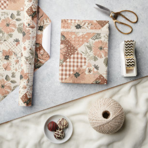 Terracotta Perzik Quilt Aards Gingham Cottagecore  Cadeaupapier