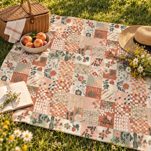 Terracotta Perzik Quilt Patchwork Gingham Bloem Fleece Deken