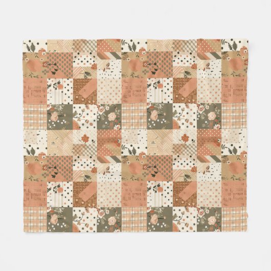 Terracotta Perzik Quilt Patchwork Gingham Bloem Fleece Deken (Voorkant (Horizontaal))