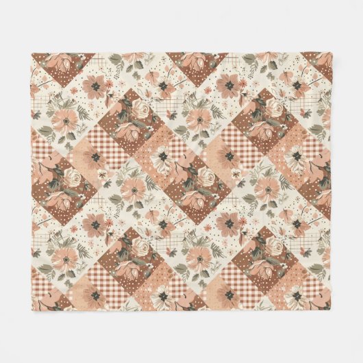 Terracotta Perzik Quilt Patchwork Gingham Bloemig Fleece Deken (Voorkant (Horizontaal))