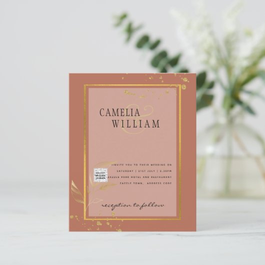 Terracotta PHOTO QR CODE Weddenschap Uitnodigt Ops (Staand voorkant)