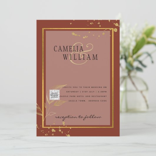 Terracotta PHOTO QR CODE Weddenschap Uitnodigt Ops Kaart (Staand voorkant)