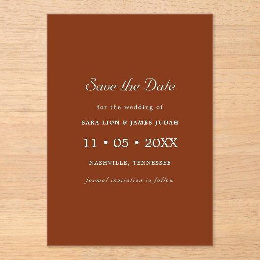 Terracotta Photo Save the Date Card Acryl Uitnodigingen (Voorkant)
