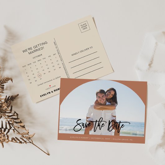 Terracotta Photo Wedding Save the Date Calendar Aankondigingskaart