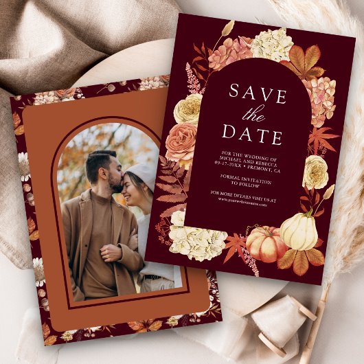 Terracotta Pompoen Bloem Burgundy Bruiloft Save The Date