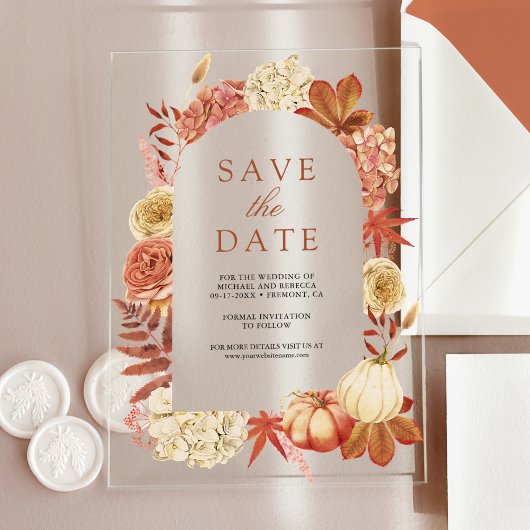 Terracotta Pompoen Bloemen Huwelijk Save the Date Acryl Uitnodigingen