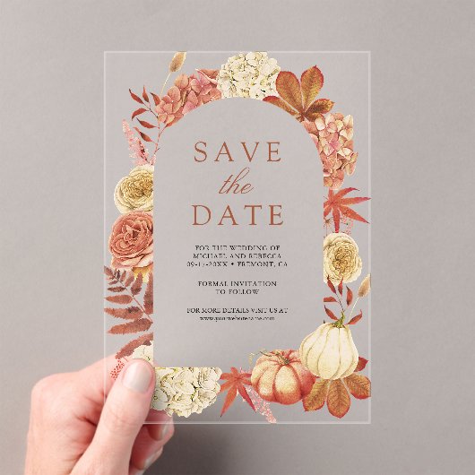 Terracotta Pompoen Bloemen Huwelijk Save the Date Acryl Uitnodigingen (Insitu (Draagbaar))
