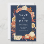 Terracotta Pompoen Bloemen Marine Blauw Huwelijk Save The Date (Voorkant)