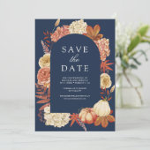 Terracotta Pompoen Bloemen Marine Blauw Huwelijk Save The Date (Staand voorkant)