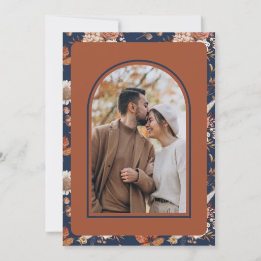 Terracotta Pompoen Bloemen Marine Blauw Huwelijk Save The Date (Achterkant)