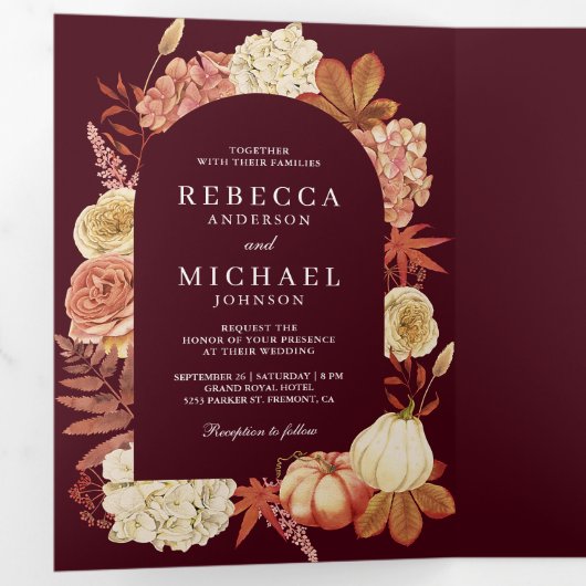 Terracotta Pompoen Bloemen QR Code Bourgogne Bruil Drieluik Uitnodiging (Binnenzijde eerst)