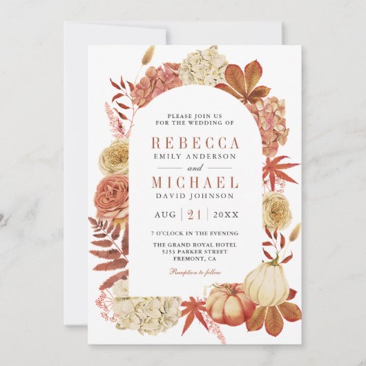 Terracotta Pompoen Bloemen QR Code Bruiloft Kaart (Voorkant)