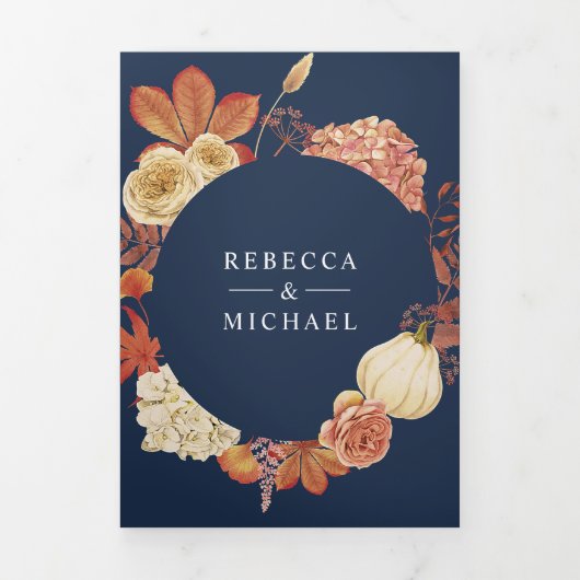 Terracotta Pompoen Bloemen QR Code Marine Bruiloft Drieluik Uitnodiging (Cover)