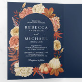 Terracotta Pompoen Bloemen QR Code Marine Bruiloft Drieluik Uitnodiging (Binnenzijde eerst)