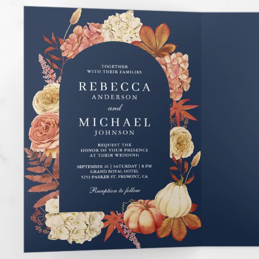 Terracotta Pompoen Bloemen QR Code Marine Bruiloft Drieluik Uitnodiging (Binnenzijde eerst)