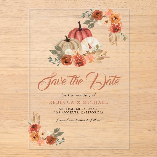 Terracotta Pompoen Trouw Save the Date Acryl Uitnodigingen (Voorkant)
