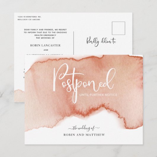 Terracotta Postponement Wedding Notice Briefkaart (Voorkant / Achterkant)