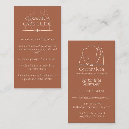 Terracotta Pottery Clay Ceramic Care Instructions Visitekaartje (Voorkant / Achterkant)