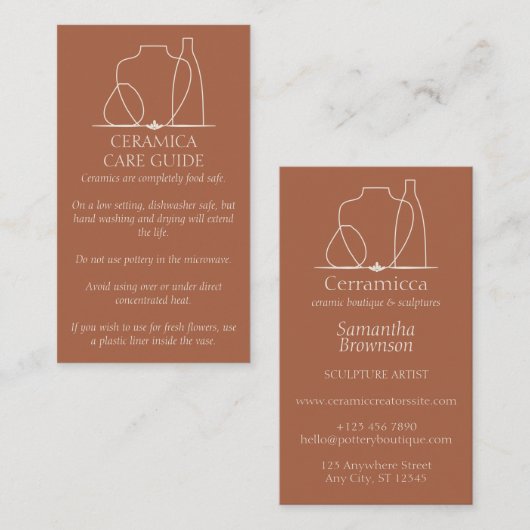 Terracotta Pottery Vase Ceramic Care Instructions Visitekaartje (Voorkant / Achterkant)
