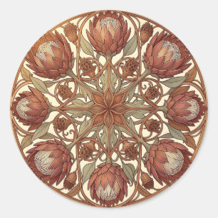 Terracotta Protea Art Nouveau Bloem Medaillon Ronde Sticker