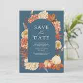 Terracotta Pumpkin Floral Dusty Blue Wedding Save The Date (Staand voorkant)