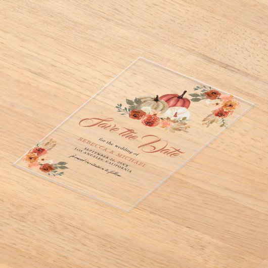 Terracotta Pumpkin Wedding Sla de datum op Acryl Uitnodigingen (Laagn)