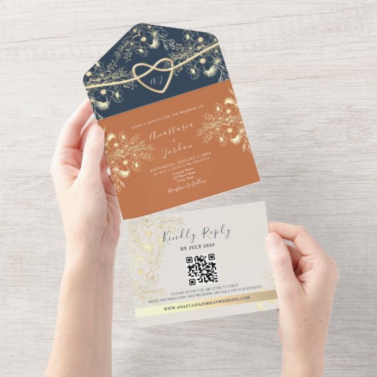 Terracotta QR Code Wedding All In One Uitnodiging (Afscheurbaar)