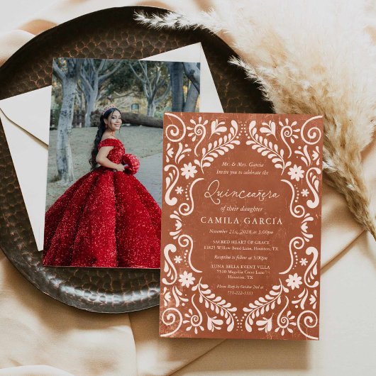 Terracotta Quinceañera Papel Picado Photo Kaart