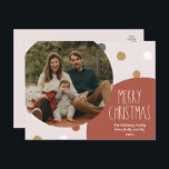 Terracotta Red Boho Polka Dot Eerste Kerstmis Foto Feestdagenkaart<br><div class="desc">Deze terracotta red boho polka stip Kerstmis 1 briefkaart voor fotovakantie is perfect voor je moderne bohemische boerderijvriendelijke vakantiegroet. Het klassieke rustige, maar delicate, handgetekende lettertype geeft het een oorvolle blik, terwijl het schattig en eenvoudig blijft. De polka stippen komen in de aardtoon van rood, sage groen, wazige roze, terracotta,...</div>