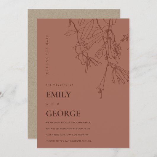 TERRACOTTA RED DRAWING FLORAL VERANDERING DATUM KA BEDANKKAART (Voorkant / Achterkant)