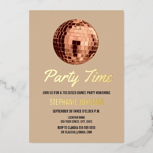 Terracotta Retro 70s Disco Ball Birthday Party Folie Uitnodiging (Voorkant)