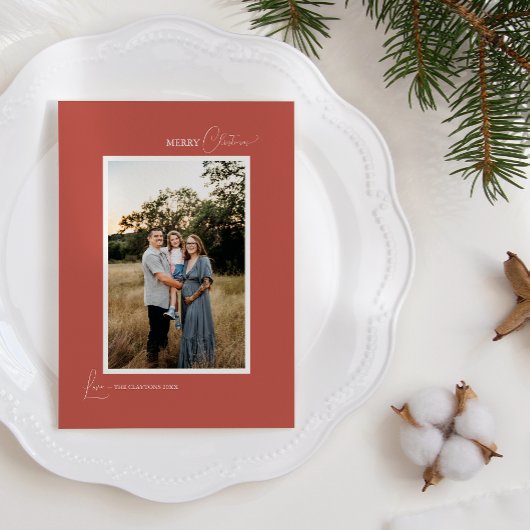 Terracotta Retro Boho Minimalistische brief en fot Feestdagenkaart