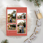 Terracotta Retro Boho Minimalistische Vier Foto Feestdagenkaart<br><div class="desc">Dit Terracotta Retro Boho Minimalistische Four Photo Holiday Kaart-ontwerp heeft een zacht en warm decor van gedempt rood met een elegante combinatie van eenvoudige typografie en delicaat script met de groeten van het seizoen van "Vrolijk kerstfeest" of "Vrolijk en helder". Deze mooie minimale stijl is een perfect gepolijste esthetiek voor...</div>