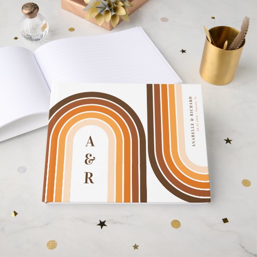 Terracotta Retro Boho Rainbow 70s Wedding Monogram Gastenboek (Voorkant open)