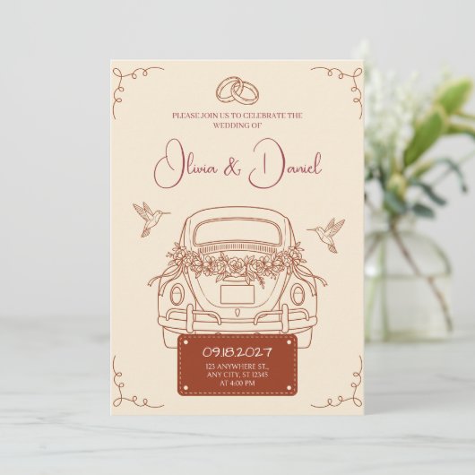 Terracotta Retro Bruidsauto Uitnodiging (Staand voorkant)