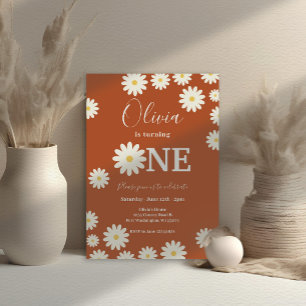 Terracotta Retro Daisy Bloemen 1e Verjaardagsfeest Kaart