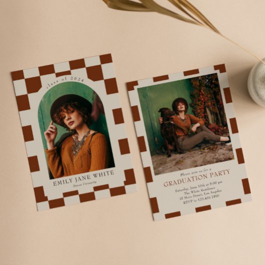 Terracotta Retro geruite boog foto Afstuderen Kaart