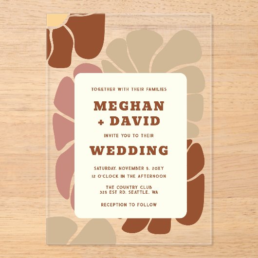 Terracotta Retro Groovy Boho Chic Bloemen Bruiloft Acryl Uitnodigingen (Voorkant)