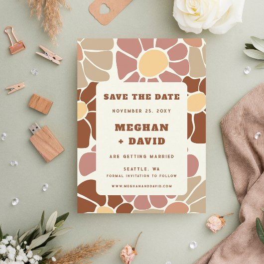 Terracotta Retro Groovy Boho Chic Save The Date Aankondigingskaart