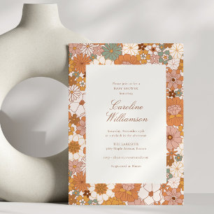Terracotta Retro Herfst Bloem Moderne Baby Shower Kaart