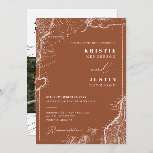 Terracotta Retro Reizen QR Code Foto Bruiloft Kaart (Voorkant / Achterkant)