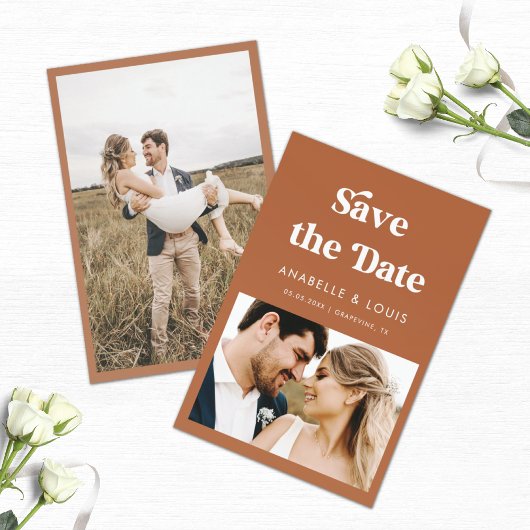 Terracotta Retro Script & 2 Photo Wedding Save The Date