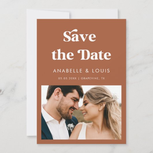Terracotta Retro Script & 2 Photo Wedding Save The Date (Voorkant)