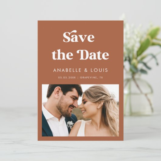 Terracotta Retro Script & 2 Photo Wedding Save The Date (Staand voorkant)